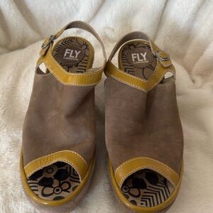 Fly London "Yile" Peep Toe Wedge Sandals Size 38